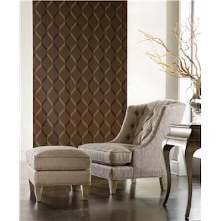 Transitional Wing Chair with Button Tufting and Exposed Wood Feet